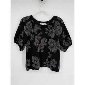 Liz Claiborne Womens Black Floral Puff Sleeve Knit Top Sweater Sz PS